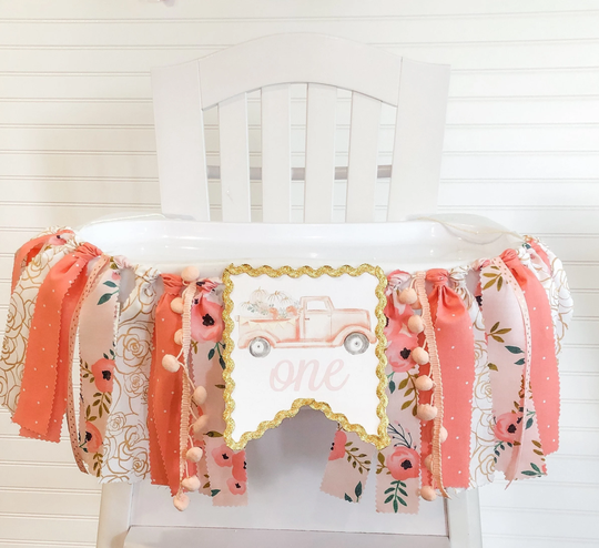 Floral Pumpkin Truck Birthday High Chair Banner, Patch, Autumn Fall Highchair 1st Birthday, Cake Smash Peach Gold