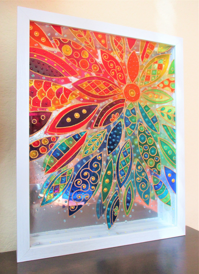 Abstract Flower 15x12 Glass Painting Painted Glass Shadow Box Wall Art Table Top Bohemian Decor Colorful