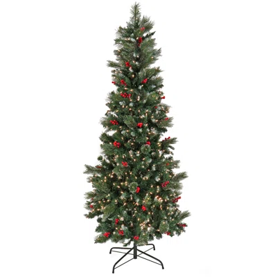 Slender Green Fir Christmas Tree with Incandescent Lights and Pinecones
