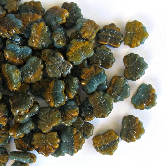 Mustard Blue Fall Colors Maple Leaves Czech Glass Leaf Beads For Jewelry Making 11mm X 13mm, 20 Or 100 Pcs