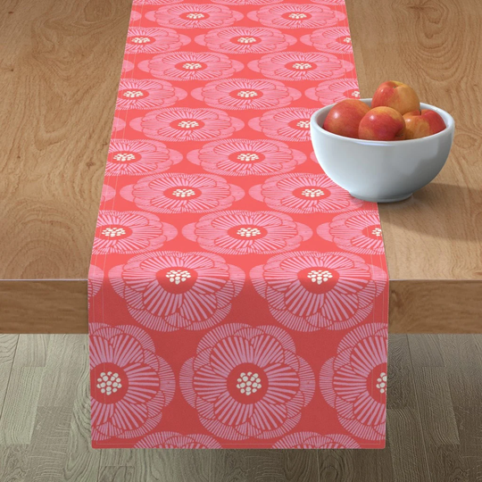 Bright Coral Floral Table Runner - Pink Camellia By Vivdesign Retro Flowers Abstract Hand-Drawn Cotton Sateen Spoonflower
