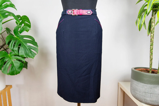 Vintage Navy Blue High Waist Pencil Midi Skirt