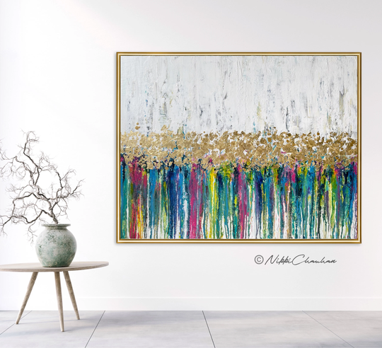 Colorful Drip Art, Multicolor Stripes, Large Original Abstract Modern Acrylic Wall Teal, Blue, Pink Green Canvas Painting