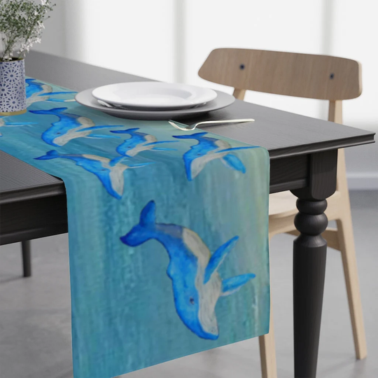 Blue Whale Ocean Coastal Home Table Runner Of My Art. Size 90" X 16". Whales Beach House Runner. Decor