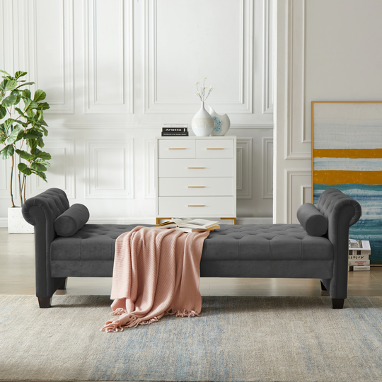 Rectangular Large Sofa Stoo Cushions and Rolled Armrests Bench with Pillow Back