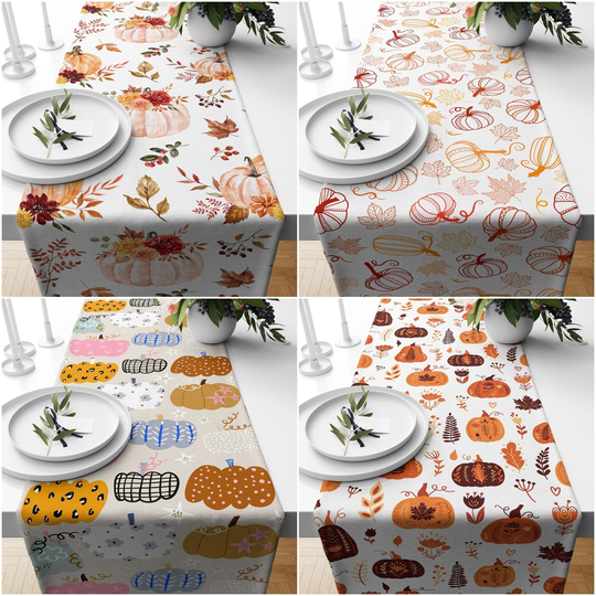 Fall Trend Table Runner|Floral Pumpkin Tablecloth|Pumpkin & Leaf Drawing Decor|Farmhouse Style Tabletop|Housewarming Home Decor