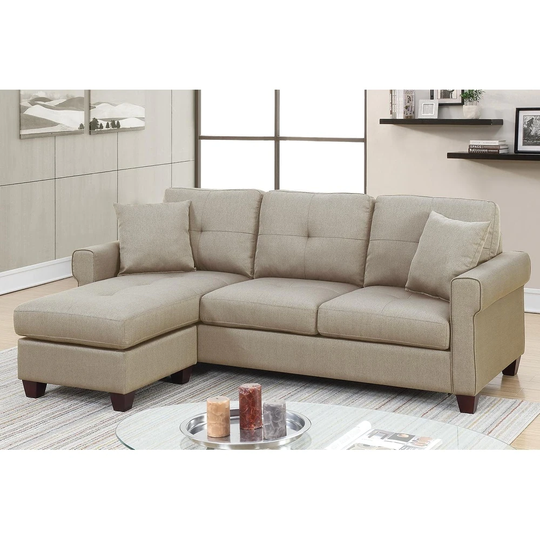 Bobkona Ira Glossy Polyfiber Reversible Sectional Sofa with 2 Accent Pillows