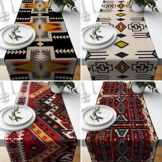 Rug & Aztec Pattern Table Runner, Ethnic Turkish Style Kitchen Geometric Tablecloth, Authentic Textiles, Housewarming Gift For Her