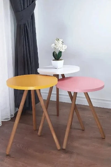 Colorful Triple Nesting Table, Round Astel Design With Wooden Legs, Yellow-Cream-White - Cappuccino-Grey-Pink
