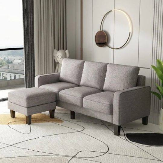 Modern Living Room Furniture L Shape Sofa with Ottoman in Light Grey Fabric