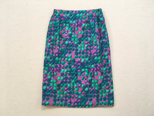 1990's, Cotton, Pencil Skirt, in Greens, Purple & Pink, Circle Design, By Anne Crimmins For Umi Collections