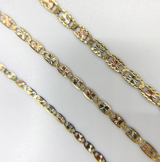 10K Solid Gold Tri-Colored Slim Link Valentino Necklace Chain For Women