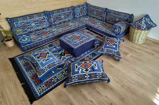Sectional Corner Sofa, L Shaped Pallet Sofa Seating Set, Large Blue Floor Modular Seat Cushion, Lounge, Soft Low Couch