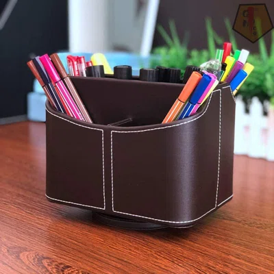 Leather Remote Control Holder Organizer 360 Degrees Spinning Remote Caddy Desk Organizer For Controller, Media, Calculator, Mobile Phone Eyeglasses An