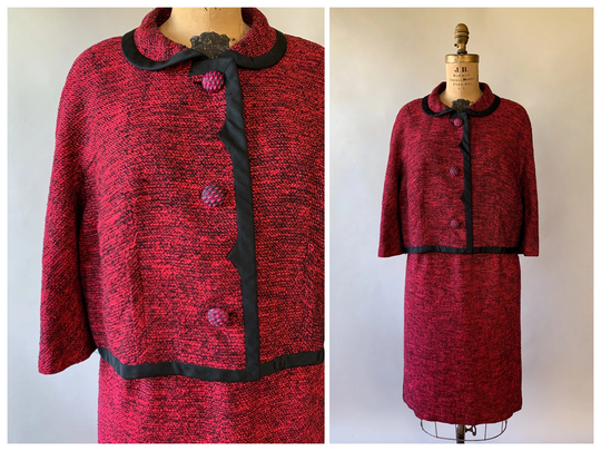 Vintage 60S Suit, Red Tweed 1960S Suit Set, Boxy Jacket, Pencil Skirt, Black Trim, Skirt Large, W34