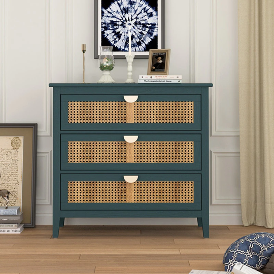 Natural Rattan Storage Cabinet with 3 Drawers, 3 Drawer Storage Chest for Living Room Bedroom