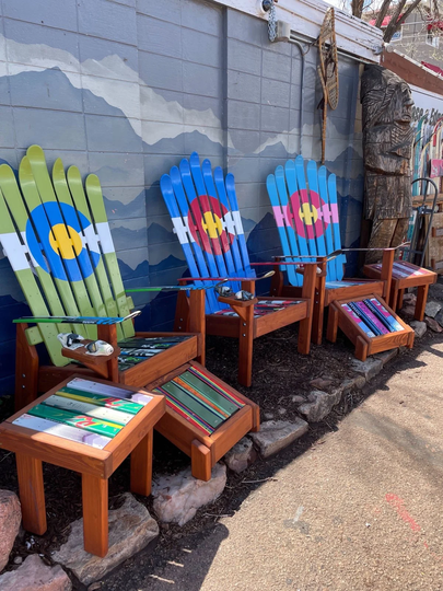 Set Of 7 | 3 Custom Colorado Mountain Mural Chairs Adirondack Ski Chairs, | 2 Matching Ottomans, Side Tables, Outdoor
