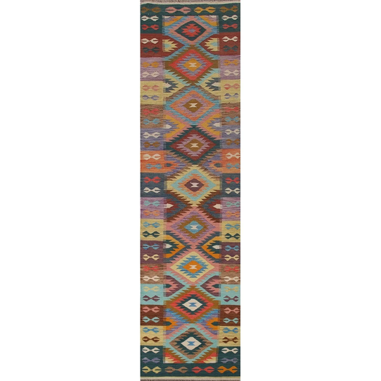 Flatweave Reversible Kilim Runner Rug Oriental Multi-Color Wool Carpet - 2'10" x 13'2"