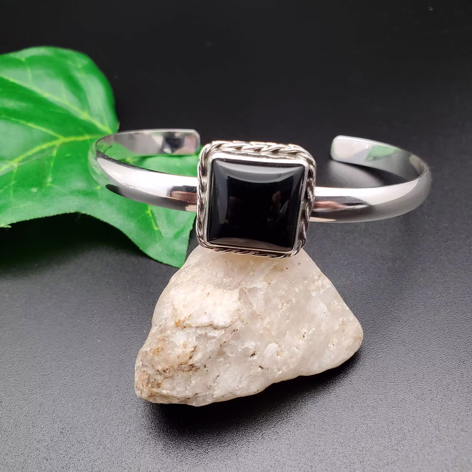 925Forher Black Onyx Bangle Bracelet Cuff | Square Stone Sterling Silver Southwestern Jewelry