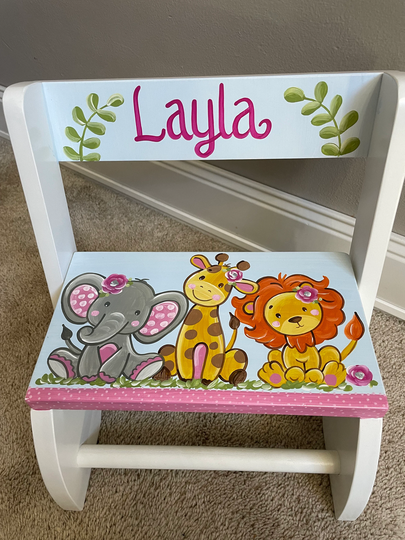 Personalized Chair Step Flip Stool Pink Floral Happy Animal Safari Elephant Lion Giraffe
