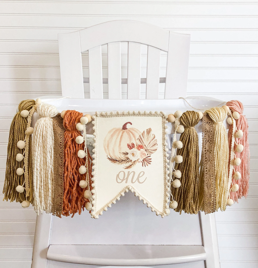 Rustic Boho Pumpkin Birthday High Chair Yarn Tassel Banner, Cake Smash Backdrop First Birthday