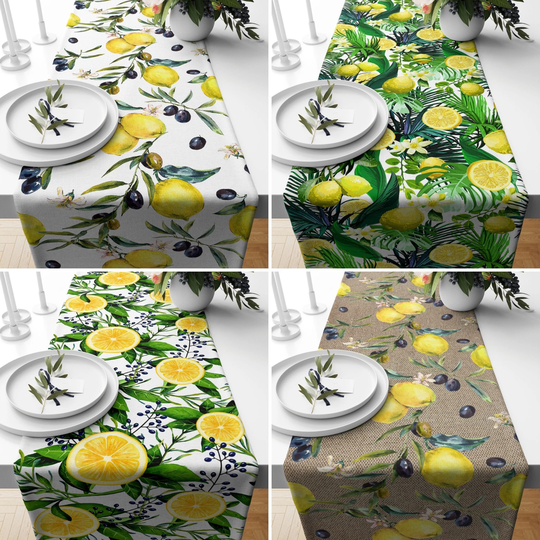 Yellow Lemon Table Runner, Citrus Floral Kitchen Summer Trend Tablecloth, Geometric Design Decor, New Home Gifts
