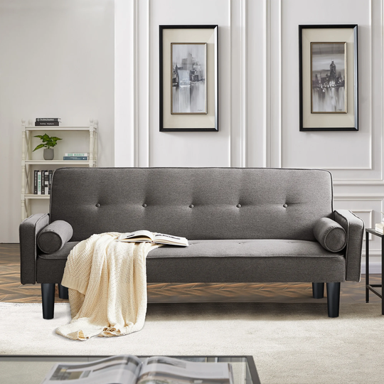 Mieres Mid-Century Style Square Arms Fabric Upholstered Sofa, Convertible Tufted Sofa Bed Futon Sleeper with Pillows
