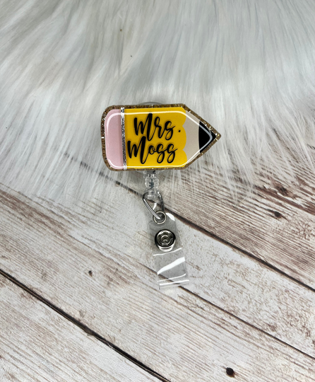 Teacher Pencil Badge Reel, Gold Glitter Reel Custom, Personalized