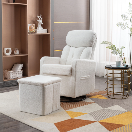 Teddy Fabric Swivel Chair Rocking Chair Accent Leisure Chair With Folding Or Storage Ottoman Footrest,White