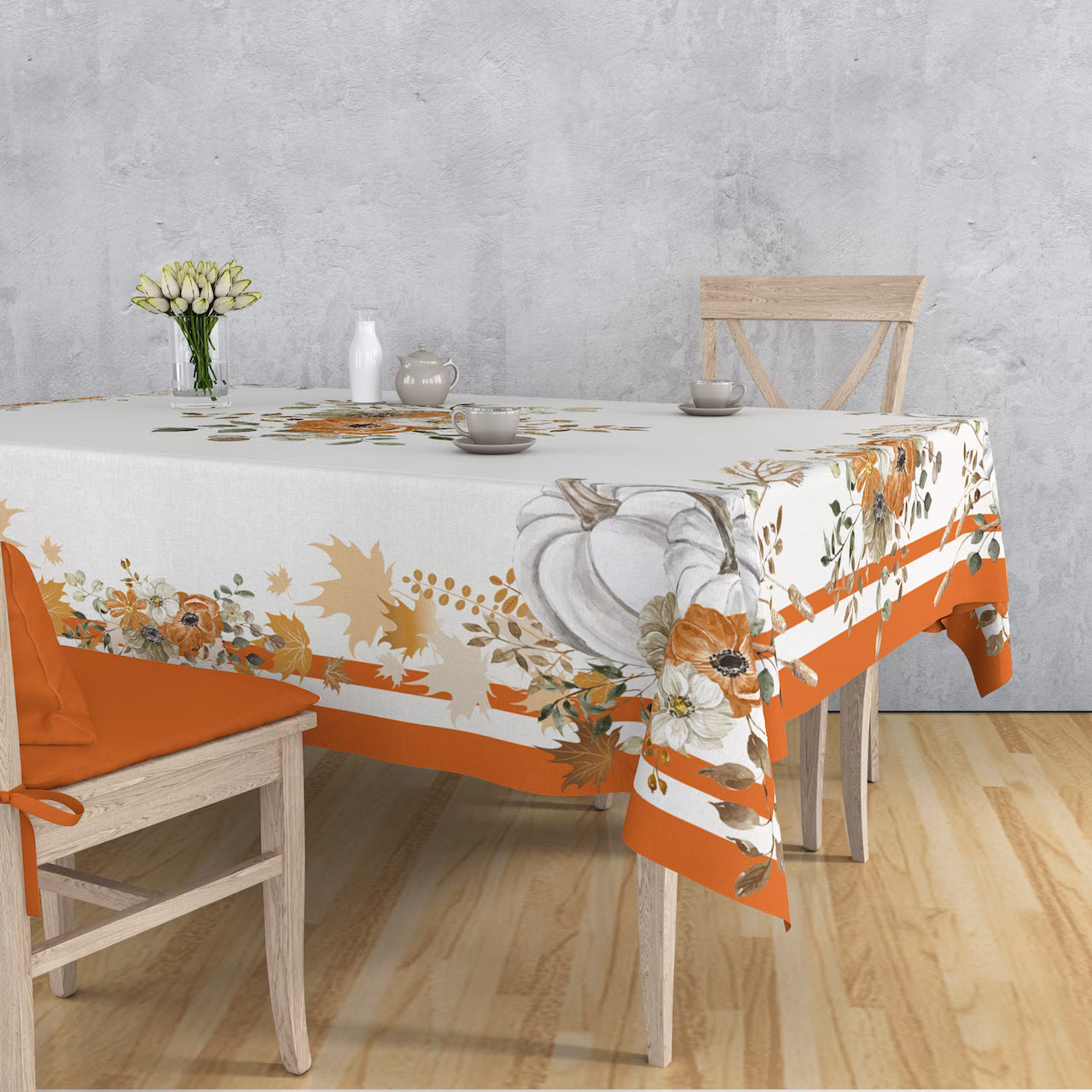 Pumpkin Style Rectangular Table Cover, Winter Squash Print Tablecloth, Cucurbita Moschata Design Linen, Fall Leaves Square Sheet