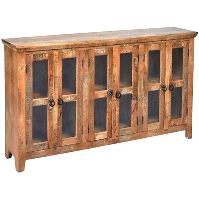 72 Inch Rustic Distressed Wood Windowpane Sideboard Buffet With Glass Doors