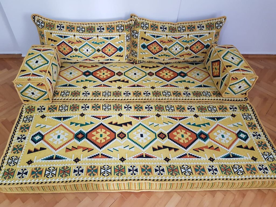 Yellow Majlis Sofa, Ethnic Boho Furniture, Living Room Arabic Style Majlis Floor Sofa Set, Floor Couch, Oriental Seat