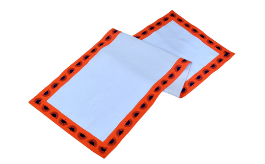Decorative Light Blue Linen Table Runner - 100% Decor Orange Cording Cloth Vintage Style Decoration
