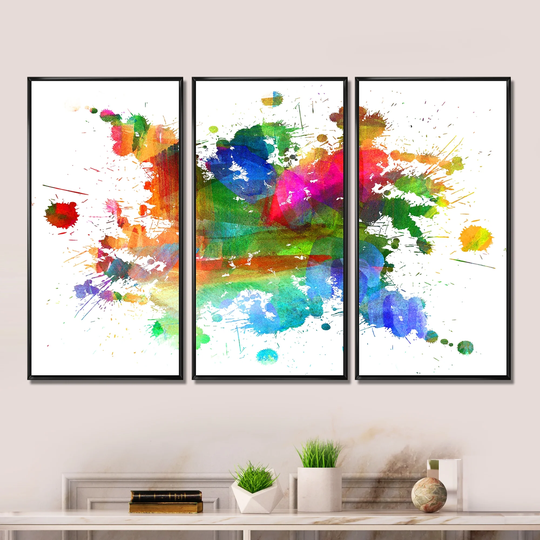 Designart 'Splashes of Colors' Abstract Framed Wall Decor Set of 3 - 4 Colors of Frames