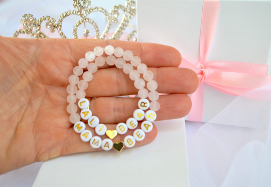 18K Gold Mommy & Baby Rose Quartz Personalized Bracelet, Mother Daughter Bracelets, Mom & Shower Gift, Gift For Girls