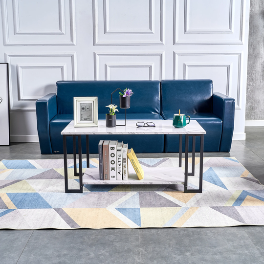 2 Layers Coffee Table, Marble MDF Rectangle 39.37" L Tabletop Iron Coffee Table for Living Room