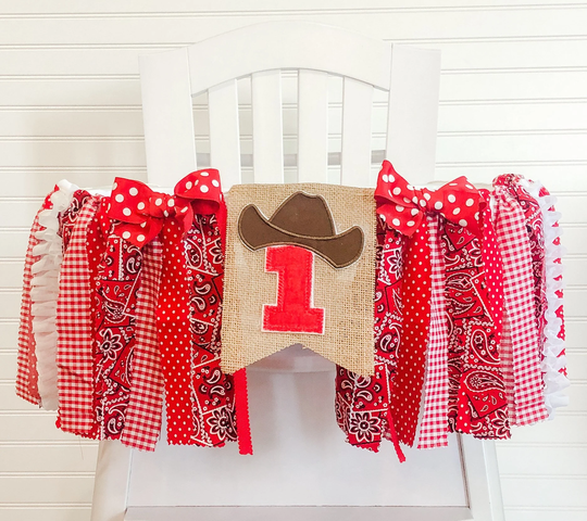 Cowgirl 1st Birthday High Chair Banner, Party Fabric Cake Smash Red Cow Print, Rodeo Backdrop Garland