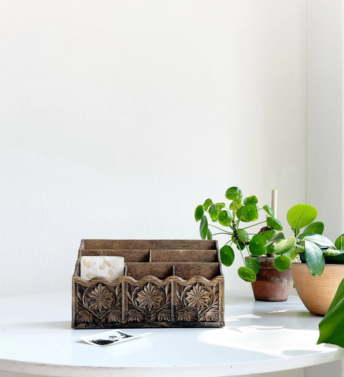 Mid Century Faux Carved Wood Office File Storage/Note Holder
