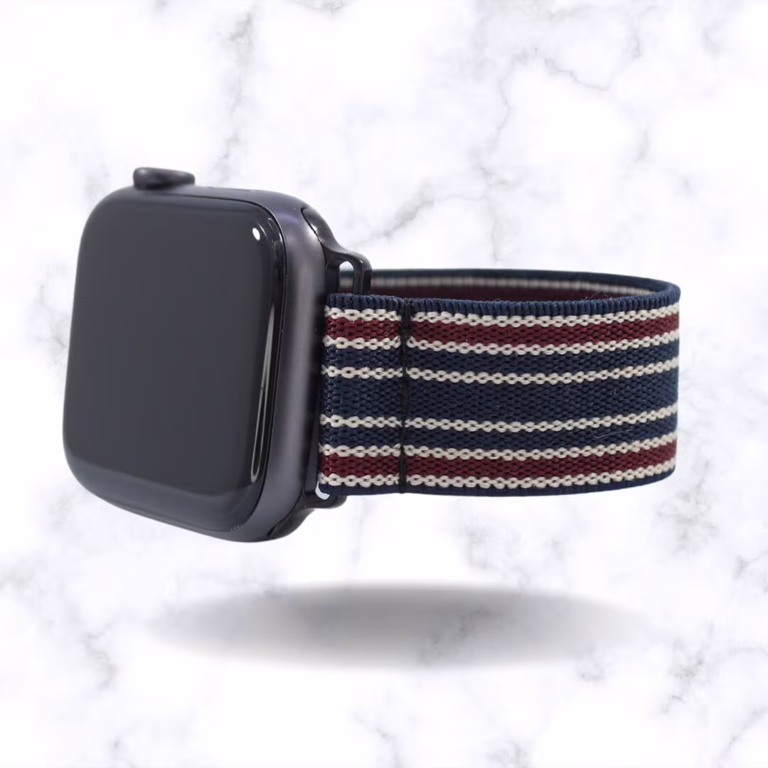Elastic Watch Band For Apple - All Series | Models 1 8, Se, Ultra Thin Navy Maroon Cream Striped | Handmade Stretchy Comfy Strap