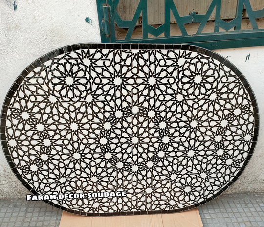 Black & White Oval Mosaic Table - Moroccan Art Handmade For Outdoor & Indoor Decor