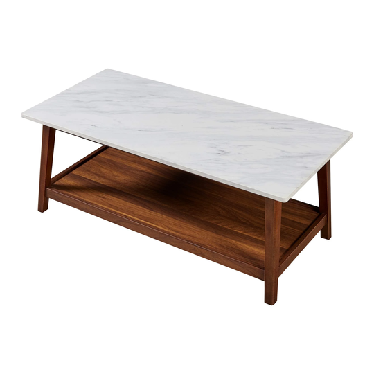 Coffee Table with Storage Space, 42" x 20" x 17", Faux Marble/Walnut