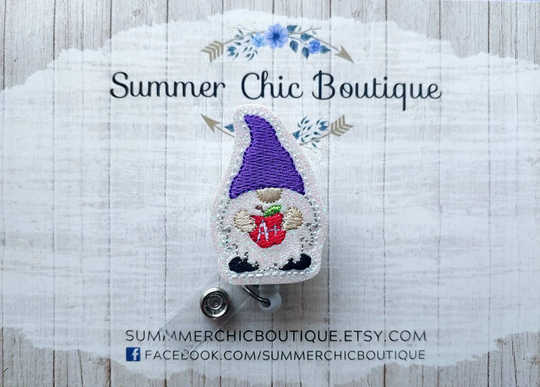 Glitter Gnome With Apple Badge Reel, Teacher Pencil School Holder