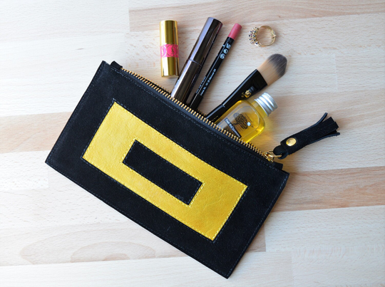 Puzzle - Black Leather Clutch, Black Leather Pouch, Cosmetic Bag, Makeup Bag Organizer, Wallet, Pencil Case