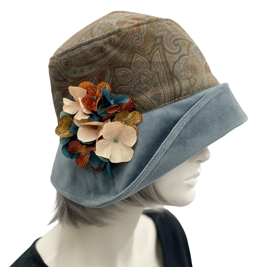 1920S Cloche Hat, Ready To Ship Size Small, Velvet Dusky Blue & Brown With Hydrangea Flower Brooch, Handmade in The Usa