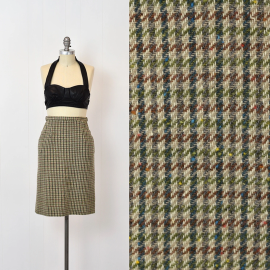 1950S Colorful Houndstooth Print Marshall Field & Company Wool Wiggle Pencil Skirt