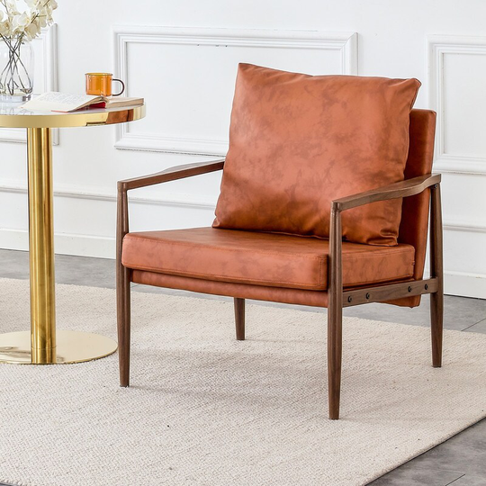 Mid Century Accent Chair, PU Leather Arm Chair, Upholstered Lounge Chair with Metal Frame and Padded Cushion, Leisure Chair