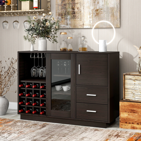 Kitchen Functional Sideboard with Glass Sliding Door and Integrated 16 Bar Wine Compartment, Wineglass Holders