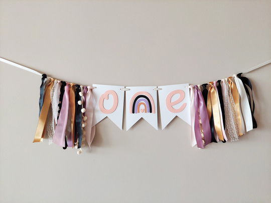 Boho Rainbow One High Chair Banner. Blush&black Muted 1st Birthday Decoration