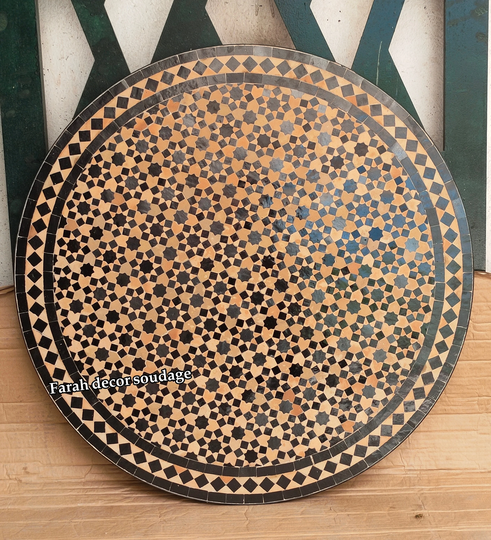 Bistro Table Made Of Mosaic, Handmade Moroccan Mosaic Table - Black & Beige Tile Color Round Garden