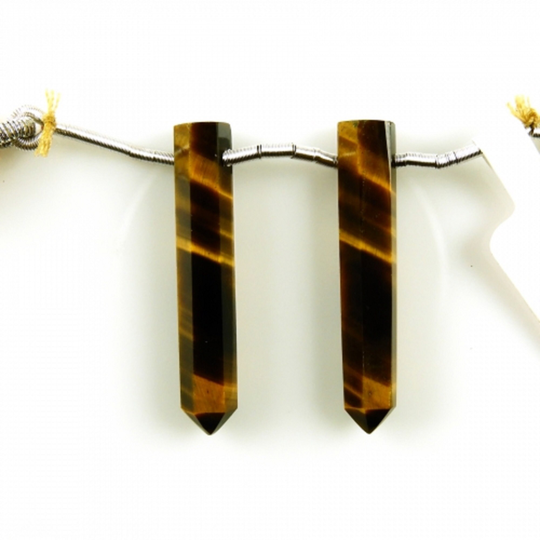 Tiger's Eye Drops Pencil Shape 32x6mm Drilled Beads Matching Pair, Excellent Mix Of Deep & Light Brown Color, Faceted Briolettes | 18981
